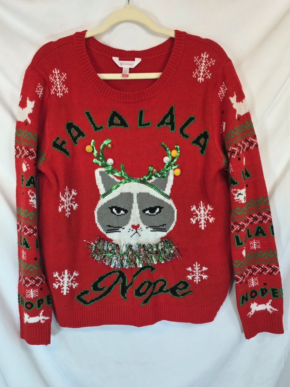 No Boundaries Womens Ugly Christmas Sweater XL Grumpy Cat Falalala Nope Tinsel